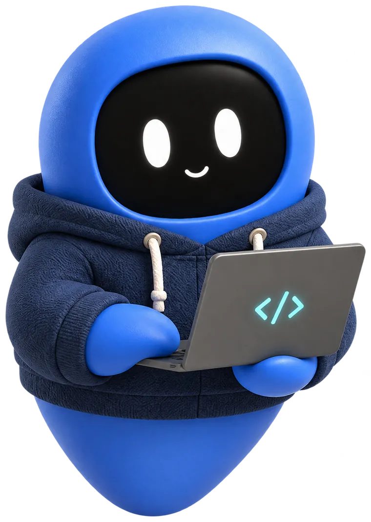 Kit, Muster’s blue developer teammate, in a navy hoodie working on a laptop