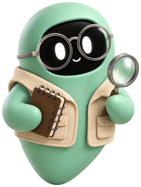 Quill, Muster’s green researcher teammate, with round glasses, a field vest and a notebook
